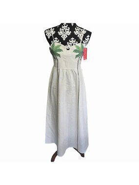 NEW Fancy XS Maxi Dress Beige Palm Leaf Print Spaghetti Straps Vintage Look